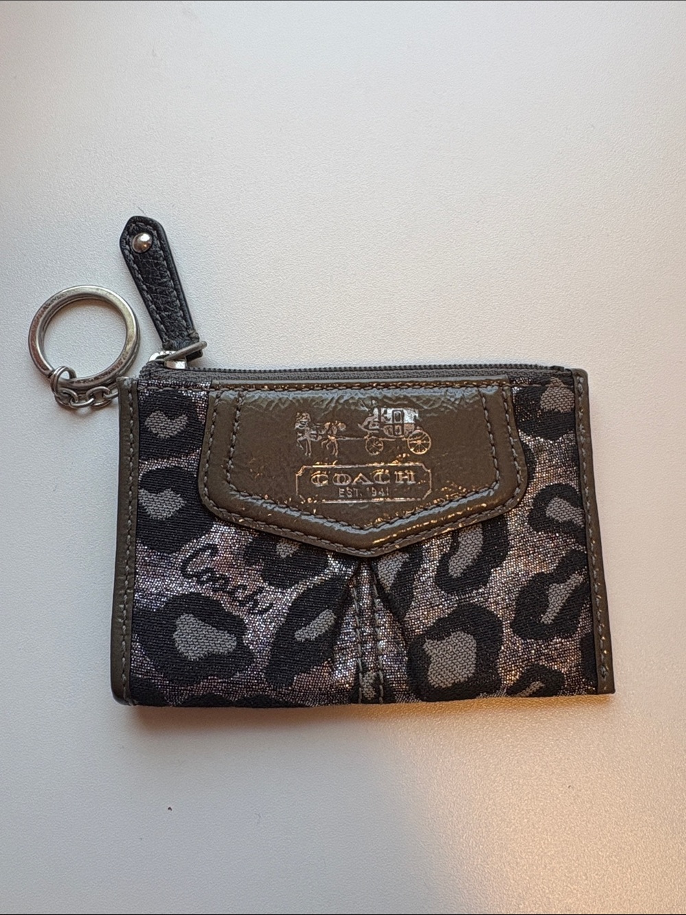 Coach Metallic Leopard Zip Card Case Keyring in Black and Silver